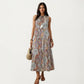 Sleeveless Maxi Dress with Mixed Print Design and Tie Neck Detail