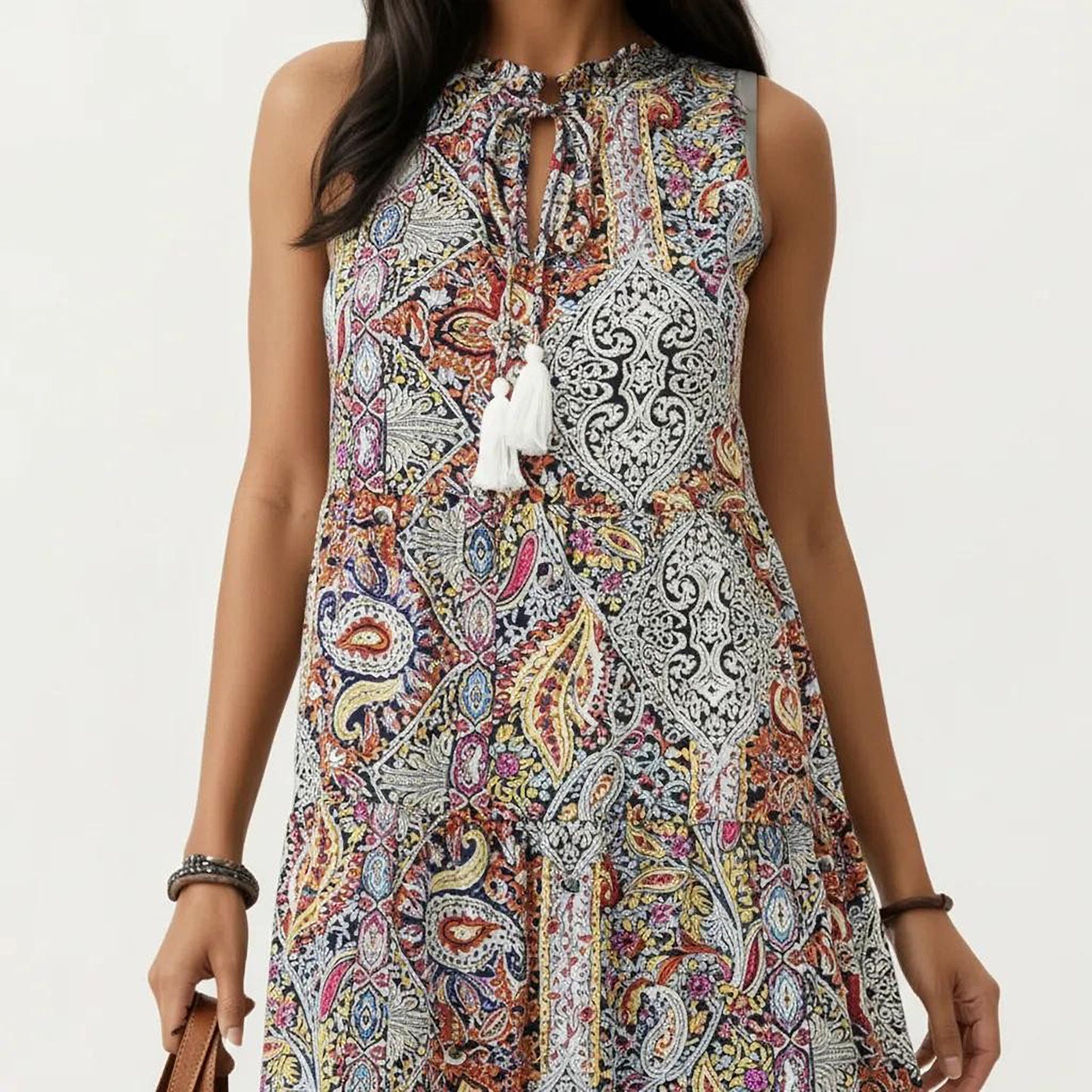 Sleeveless Maxi Dress with Mixed Print Design and Tie Neck Detail