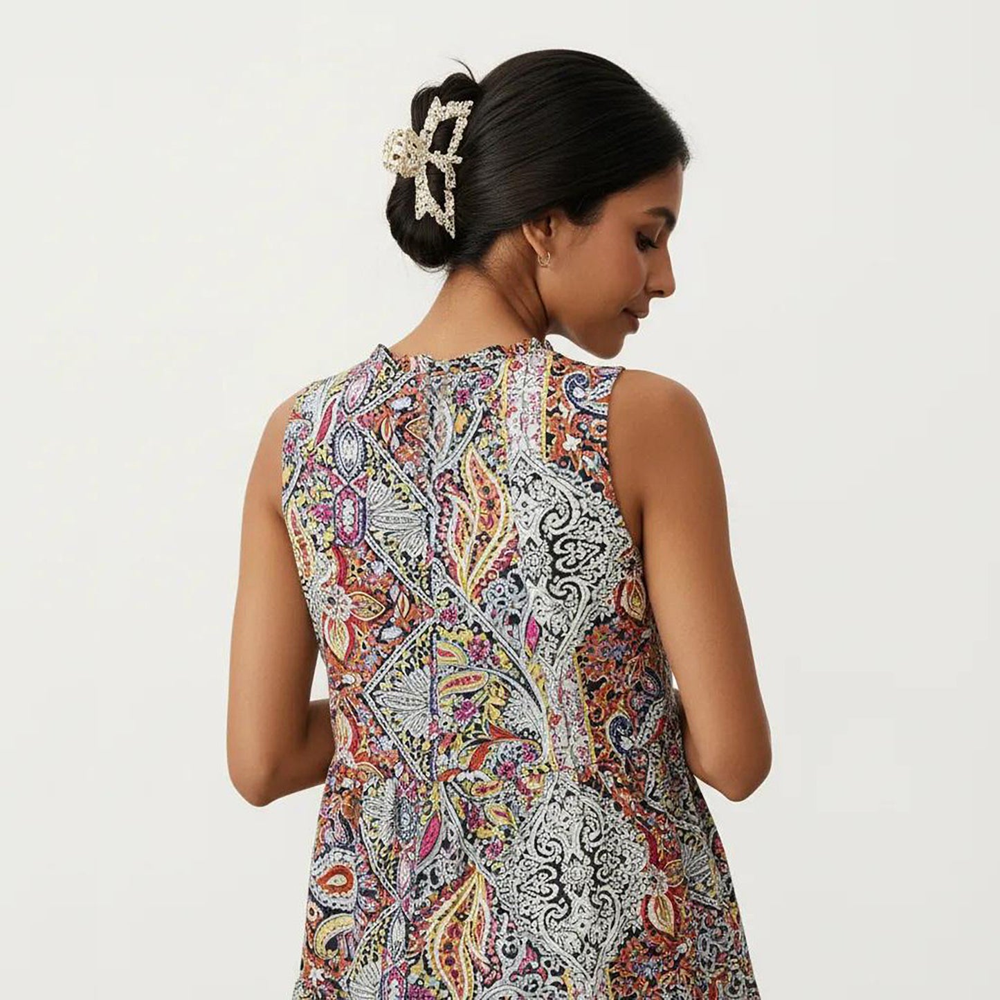 Sleeveless Maxi Dress with Mixed Print Design and Tie Neck Detail