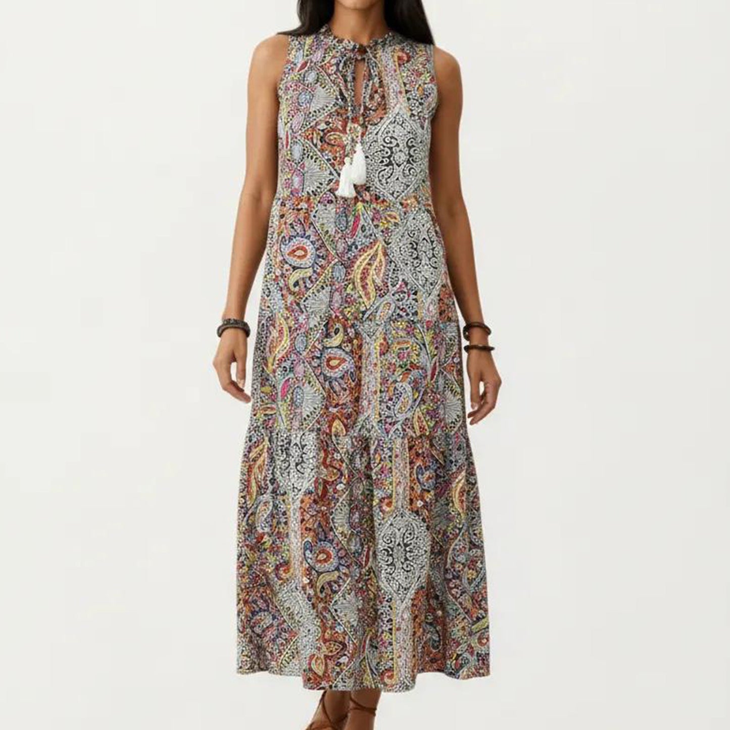 Sleeveless Maxi Dress with Mixed Print Design and Tie Neck Detail