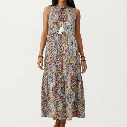 Sleeveless Maxi Dress with Mixed Print Design and Tie Neck Detail