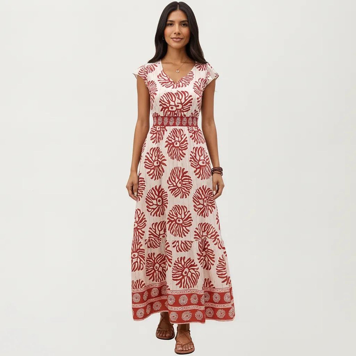 Cap Sleeve Maxi Dress with V Neckline and Smocked Waist Detail