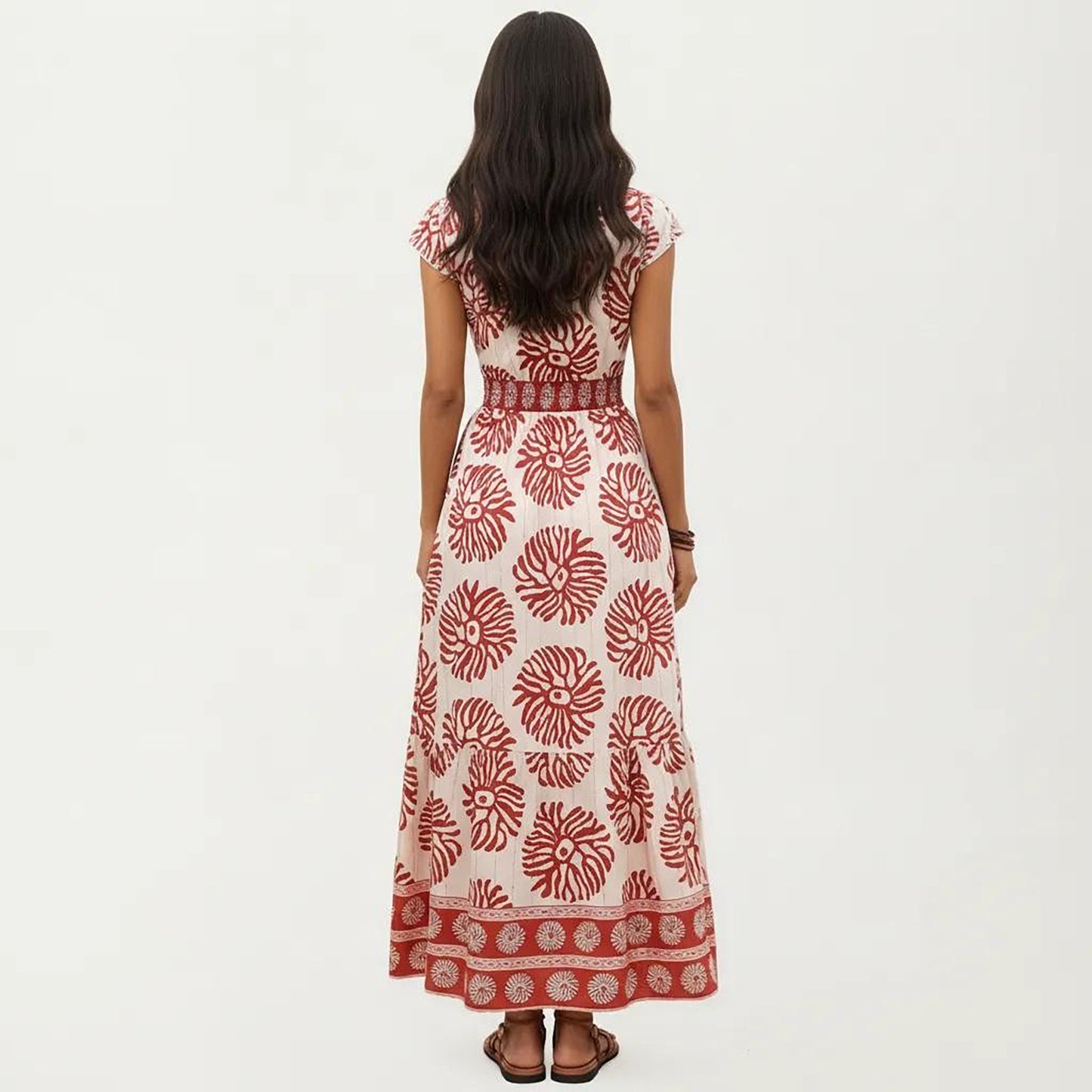 Cap Sleeve Maxi Dress with V Neckline and Smocked Waist Detail