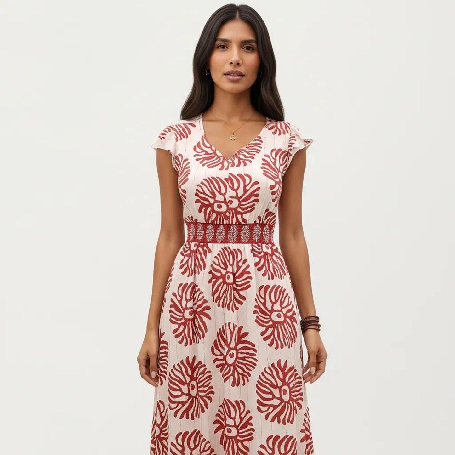 Cap Sleeve Maxi Dress with V Neckline and Smocked Waist Detail