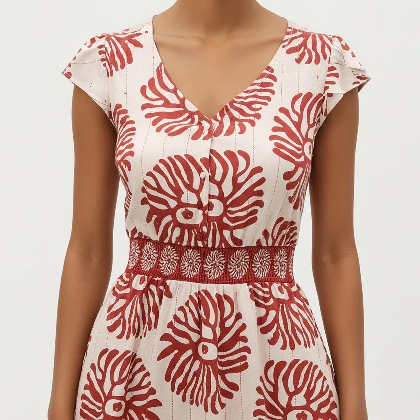 Cap Sleeve Maxi Dress with V Neckline and Smocked Waist Detail