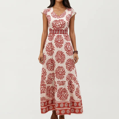 Cap Sleeve Maxi Dress with V Neckline and Smocked Waist Detail