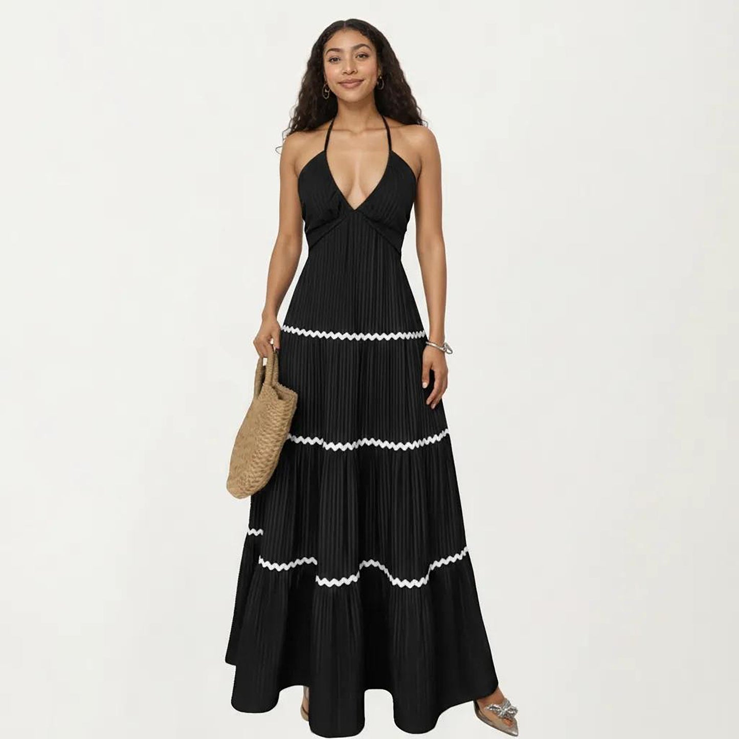 Halter Neck Maxi Dress with Pleated Skirt and Tiered Trim Detail