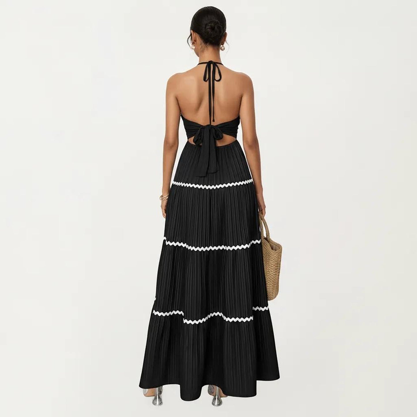 Halter Neck Maxi Dress with Pleated Skirt and Tiered Trim Detail