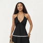 Halter Neck Maxi Dress with Pleated Skirt and Tiered Trim Detail
