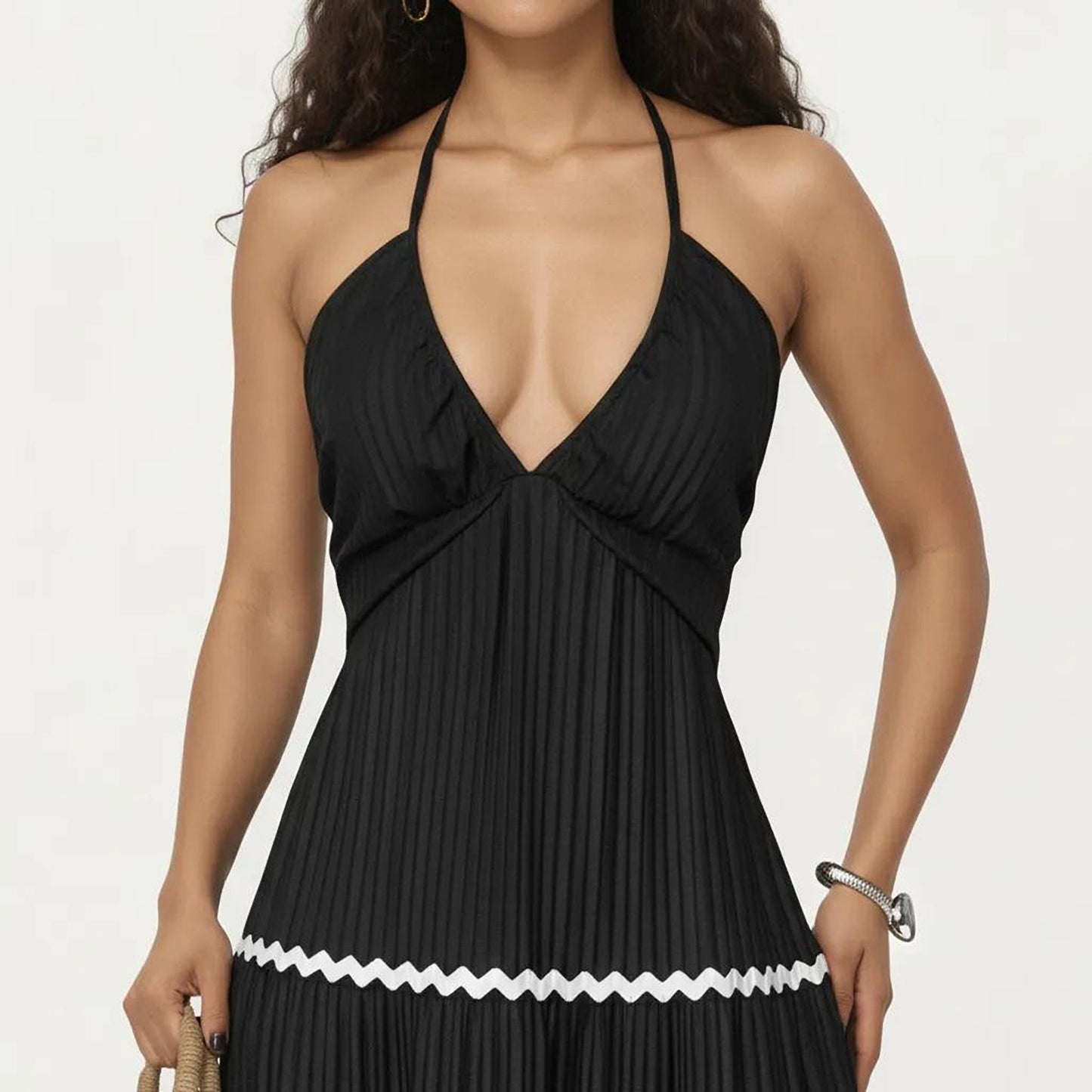 Halter Neck Maxi Dress with Pleated Skirt and Tiered Trim Detail