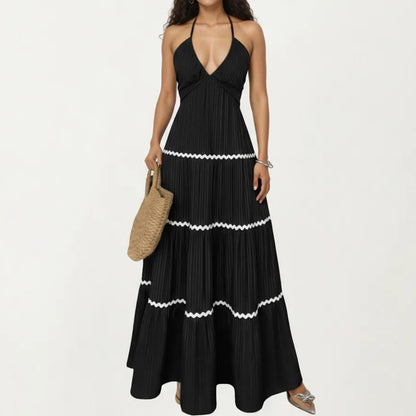 Halter Neck Maxi Dress with Pleated Skirt and Tiered Trim Detail
