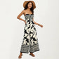 Strapless Wide Leg Jumpsuit with Floral Pattern and Border Trim Detail