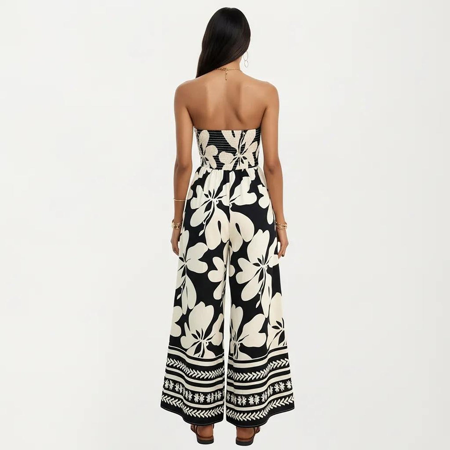 Strapless Wide Leg Jumpsuit with Floral Pattern and Border Trim Detail