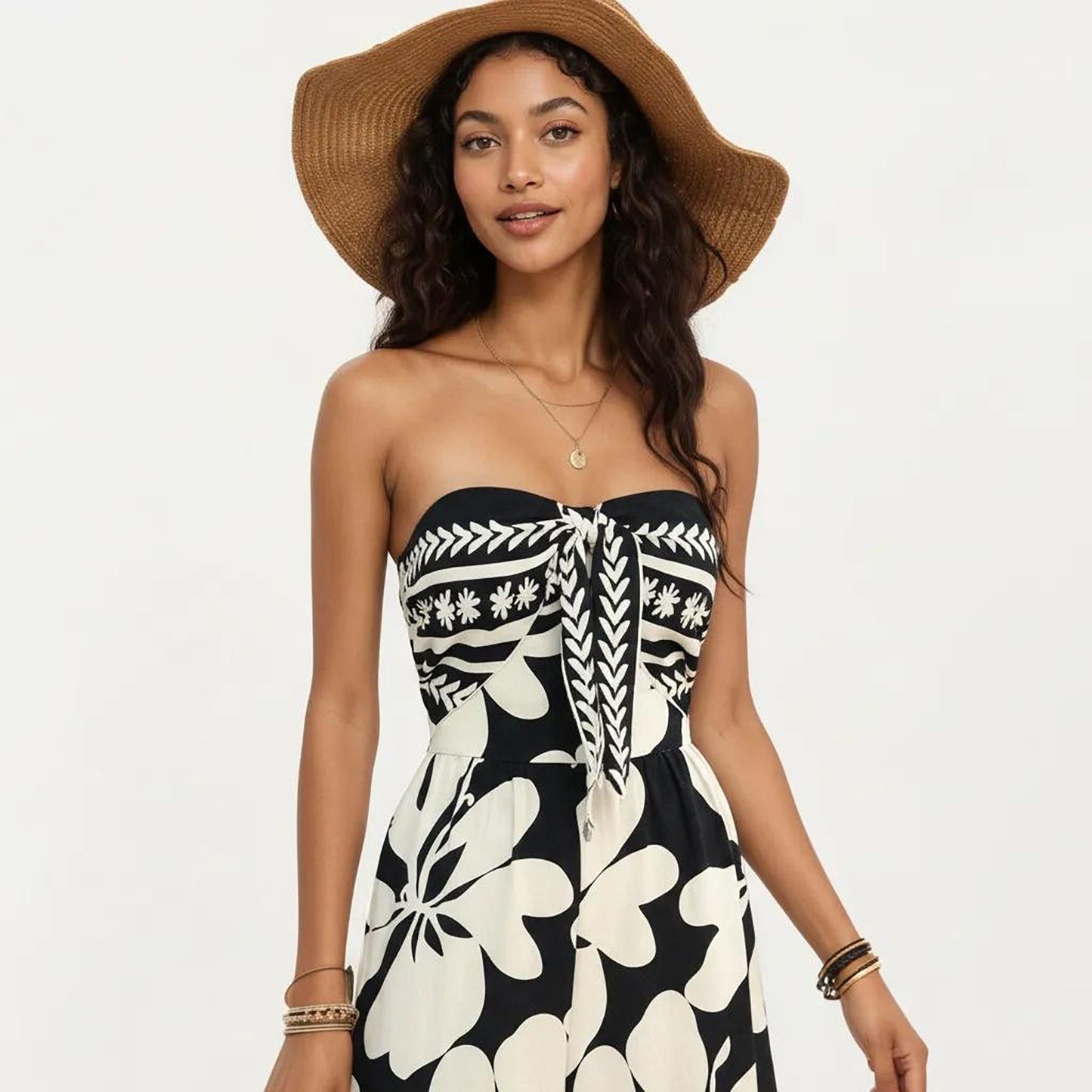 Strapless Wide Leg Jumpsuit with Floral Pattern and Border Trim Detail