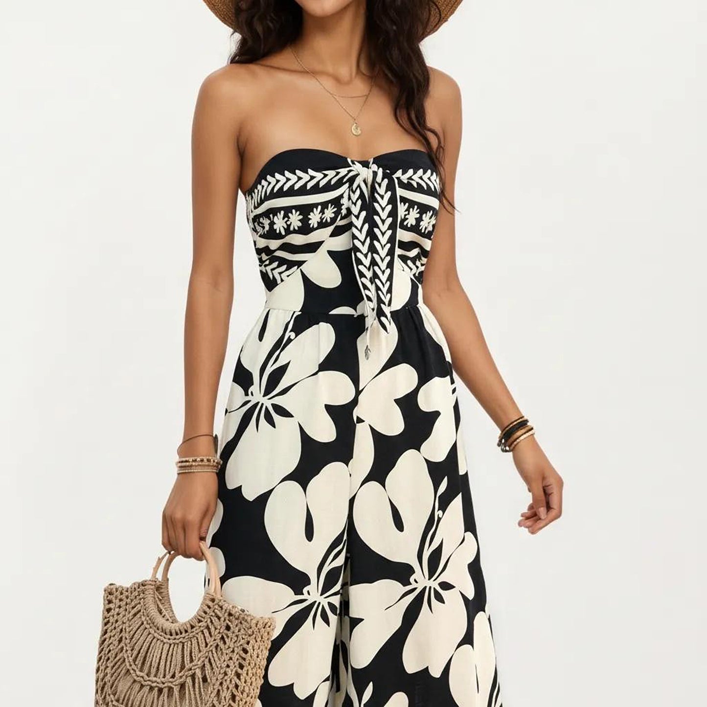 Strapless Wide Leg Jumpsuit with Floral Pattern and Border Trim Detail