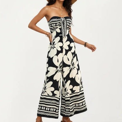 Strapless Wide Leg Jumpsuit with Floral Pattern and Border Trim Detail
