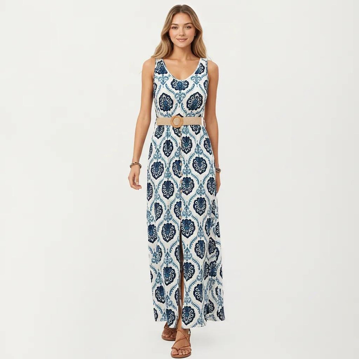 Sleeveless Maxi Dress with Medallion Pattern Belted Waist and Front Slit