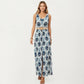 Sleeveless Maxi Dress with Medallion Pattern Belted Waist and Front Slit