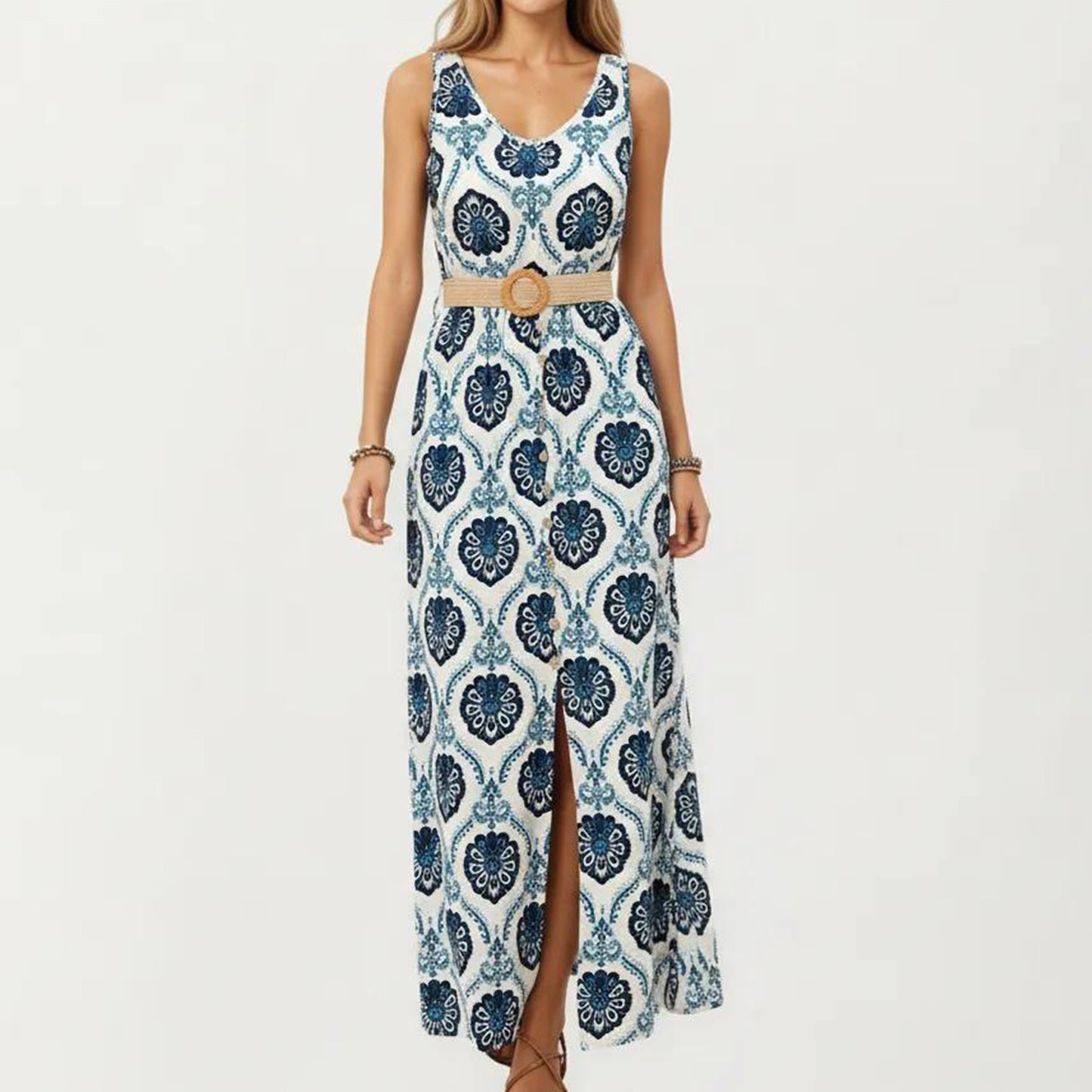 Sleeveless Maxi Dress with Medallion Pattern Belted Waist and Front Slit
