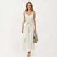 Sleeveless Maxi Dress with Floral Applique Straps Belted Waist and Front Slit