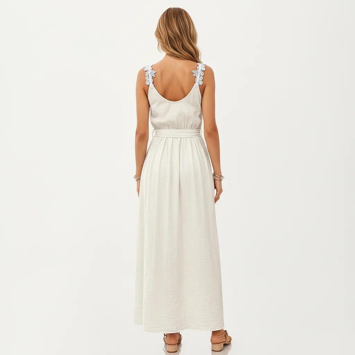 Sleeveless Maxi Dress with Floral Applique Straps Belted Waist and Front Slit