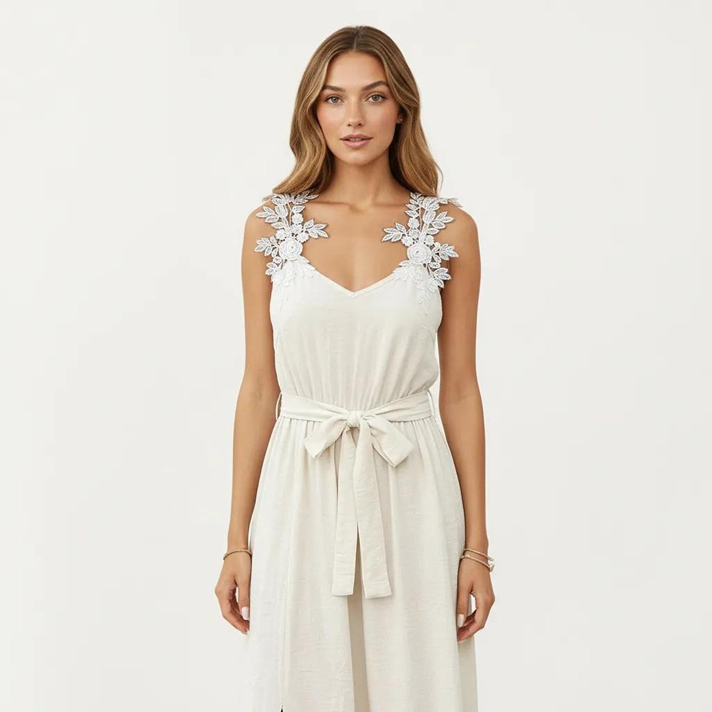 Sleeveless Maxi Dress with Floral Applique Straps Belted Waist and Front Slit