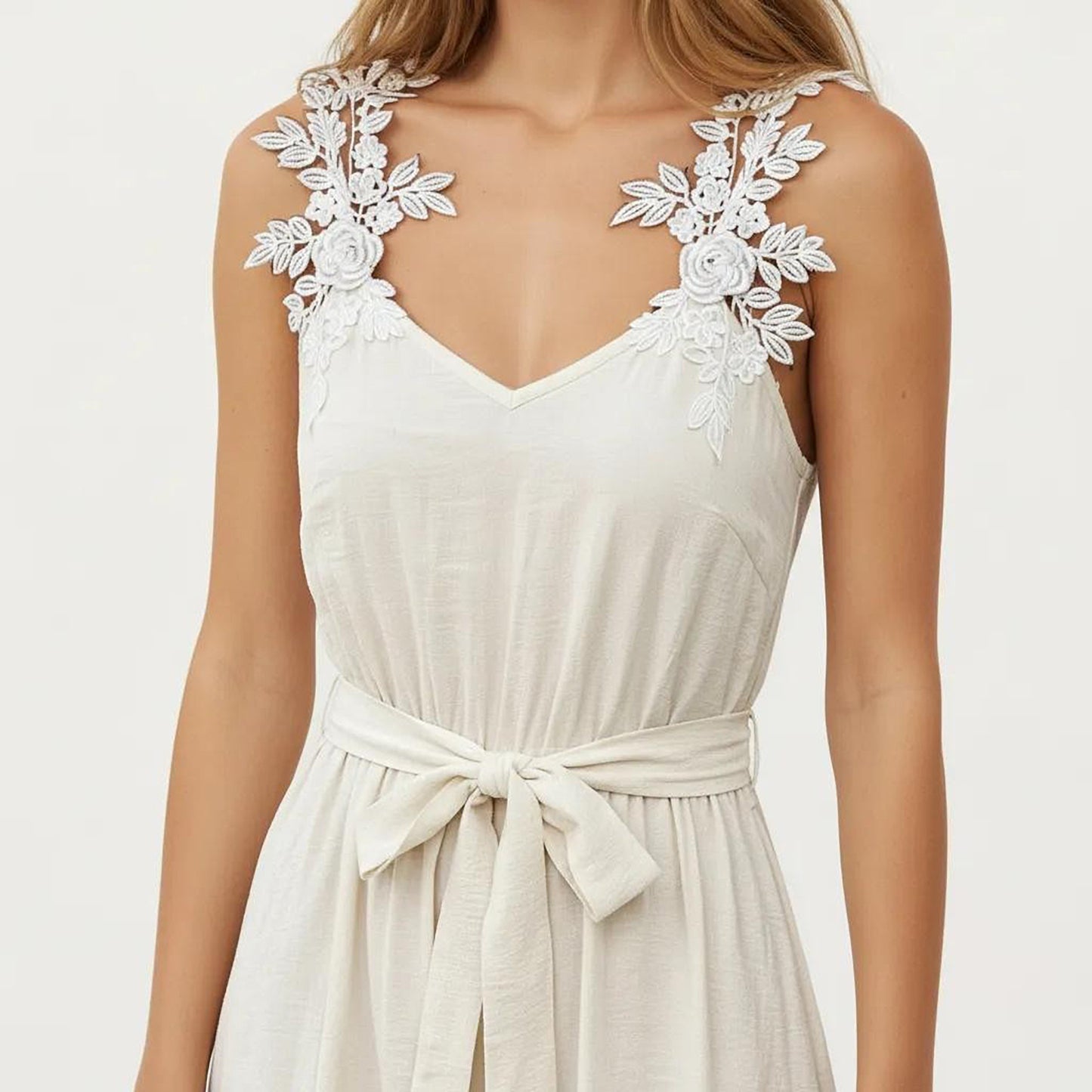 Sleeveless Maxi Dress with Floral Applique Straps Belted Waist and Front Slit