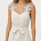 Sleeveless Maxi Dress with Floral Applique Straps Belted Waist and Front Slit