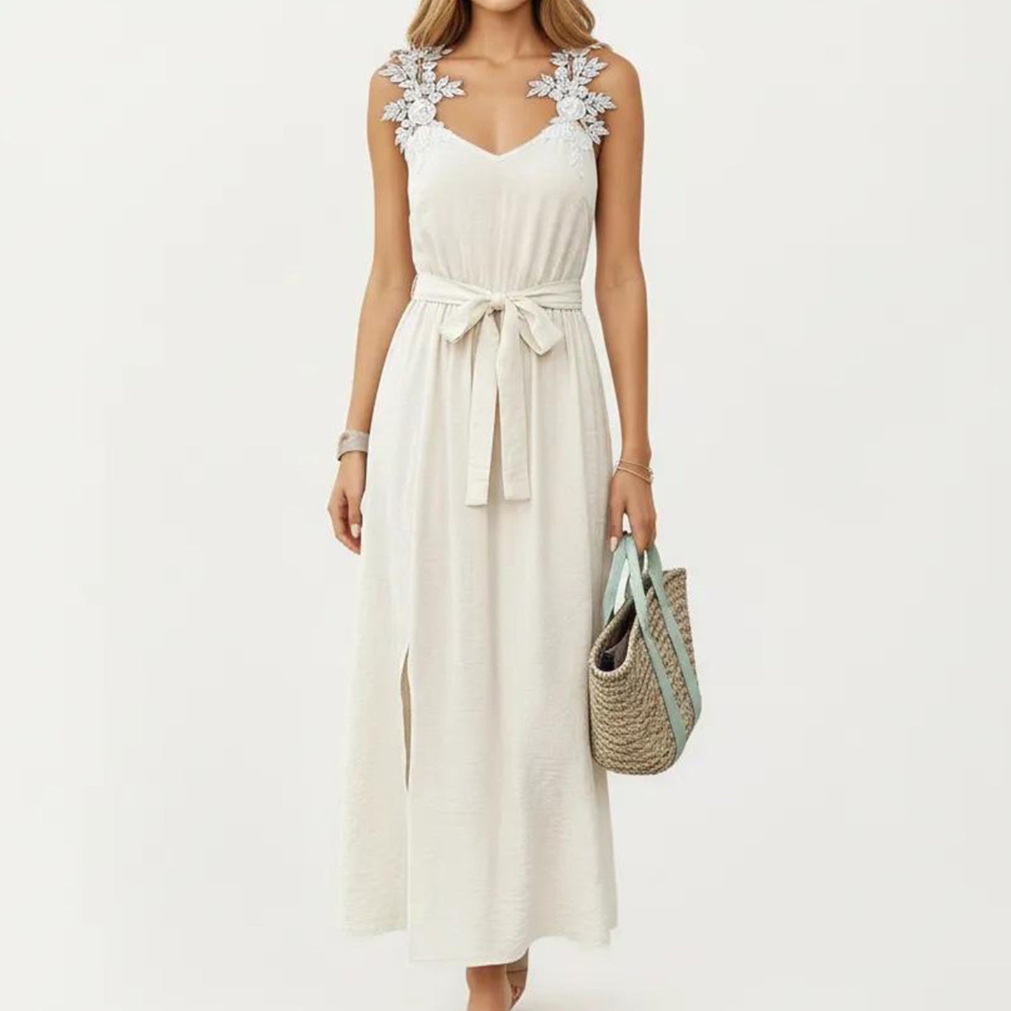 Sleeveless Maxi Dress with Floral Applique Straps Belted Waist and Front Slit