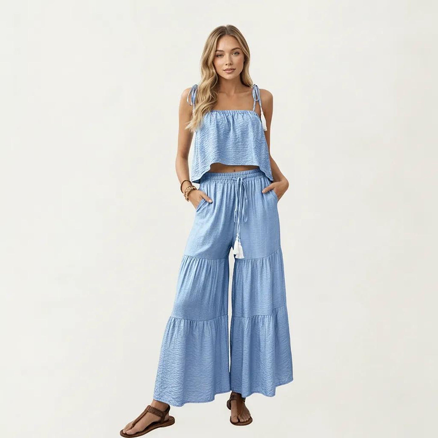 2-Piece Sleeveless Crop Top and Wide Leg Pants Set with Tie Straps Drawstring Waist and Tiered Legs