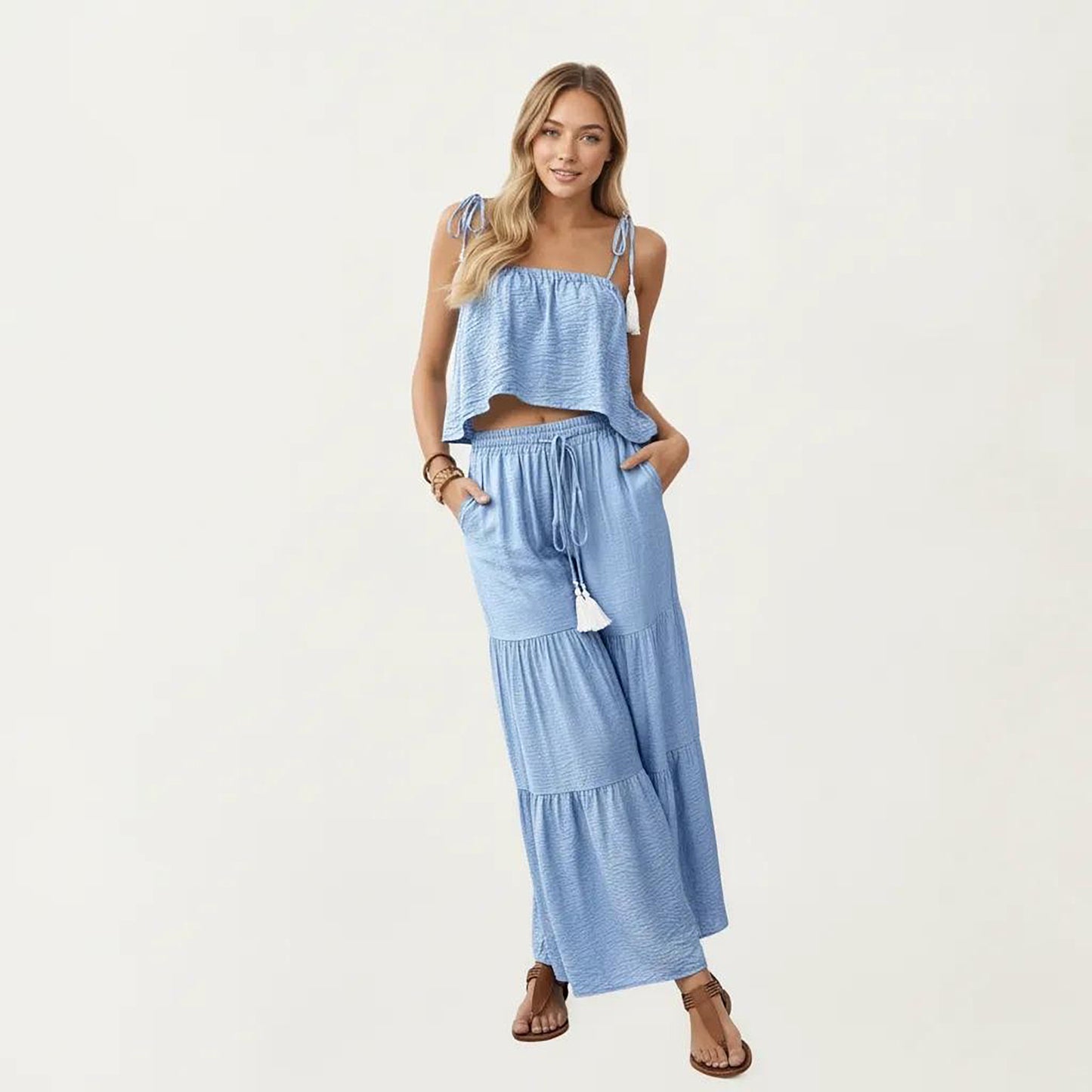 2-Piece Sleeveless Crop Top and Wide Leg Pants Set with Tie Straps Drawstring Waist and Tiered Legs