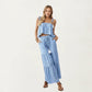 2-Piece Sleeveless Crop Top and Wide Leg Pants Set with Tie Straps Drawstring Waist and Tiered Legs