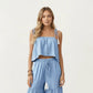 2-Piece Sleeveless Crop Top and Wide Leg Pants Set with Tie Straps Drawstring Waist and Tiered Legs