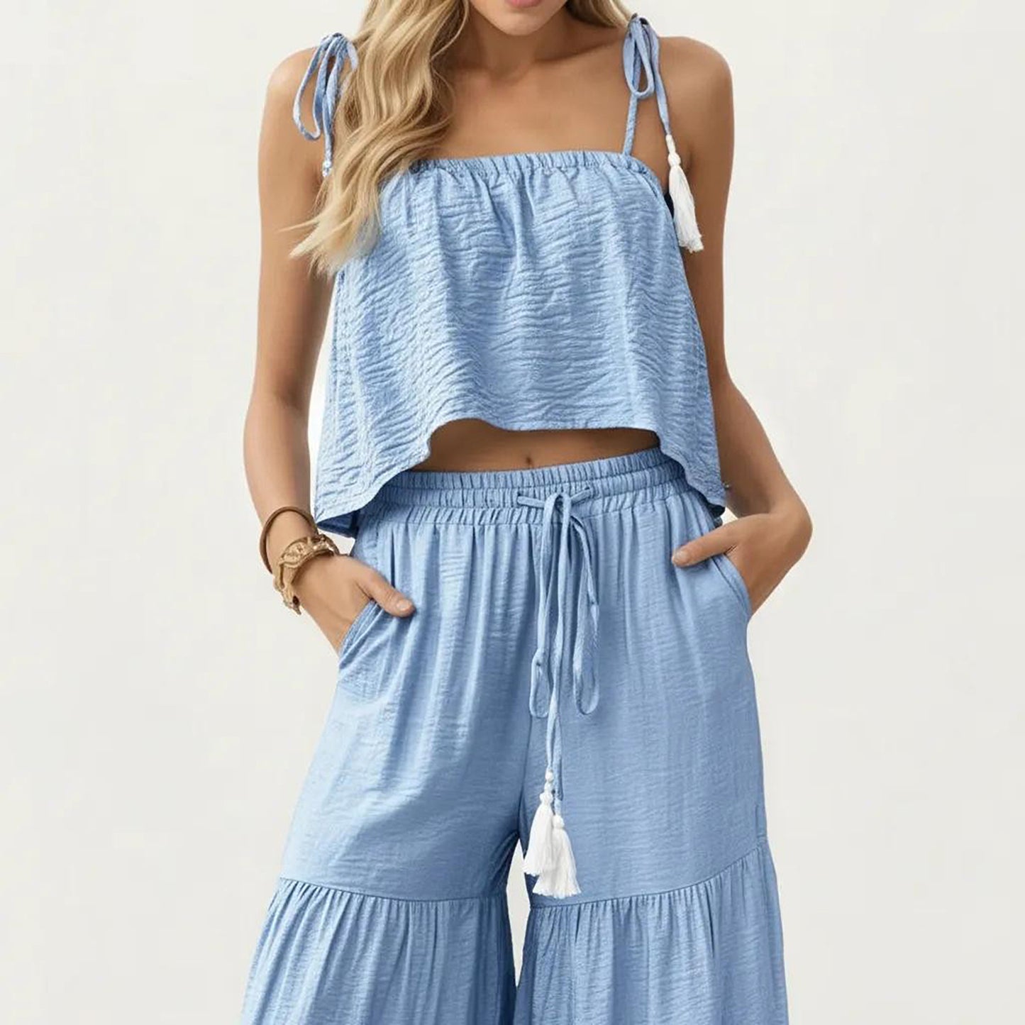 2-Piece Sleeveless Crop Top and Wide Leg Pants Set with Tie Straps Drawstring Waist and Tiered Legs