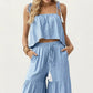 2-Piece Sleeveless Crop Top and Wide Leg Pants Set with Tie Straps Drawstring Waist and Tiered Legs