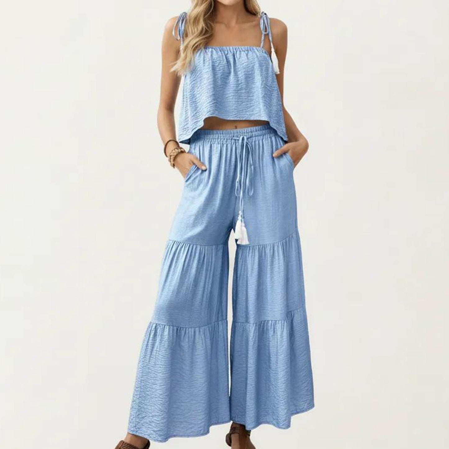 2-Piece Sleeveless Crop Top and Wide Leg Pants Set with Tie Straps Drawstring Waist and Tiered Legs