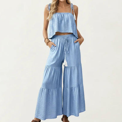 2-Piece Sleeveless Crop Top and Wide Leg Pants Set with Tie Straps Drawstring Waist and Tiered Legs