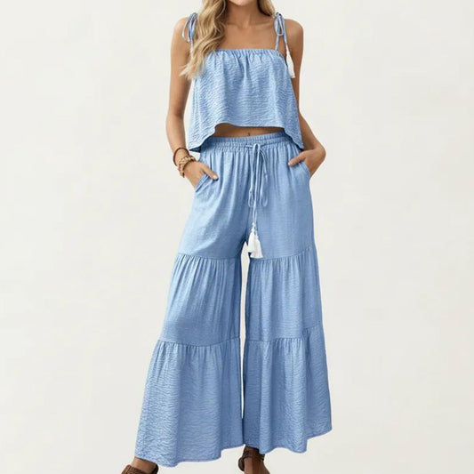 2-Piece Sleeveless Crop Top and Wide Leg Pants Set with Tie Straps Drawstring Waist and Tiered Legs