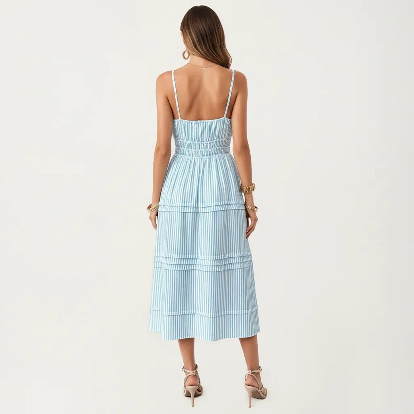 Sleeveless Striped Midi Dress with Adjustable Straps Smocked Waist Button Front and Tiered Skirt