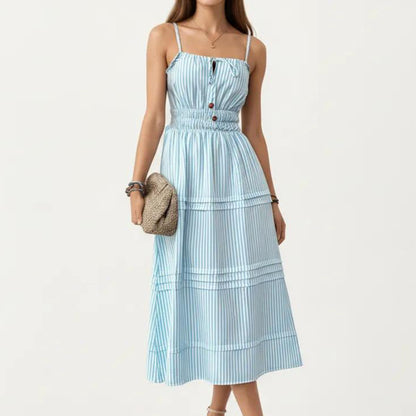 Sleeveless Striped Midi Dress with Adjustable Straps Smocked Waist Button Front and Tiered Skirt