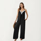 Sleeveless Wide Leg Jumpsuit with Lace Trim V Neck Adjustable Straps and Side Pockets