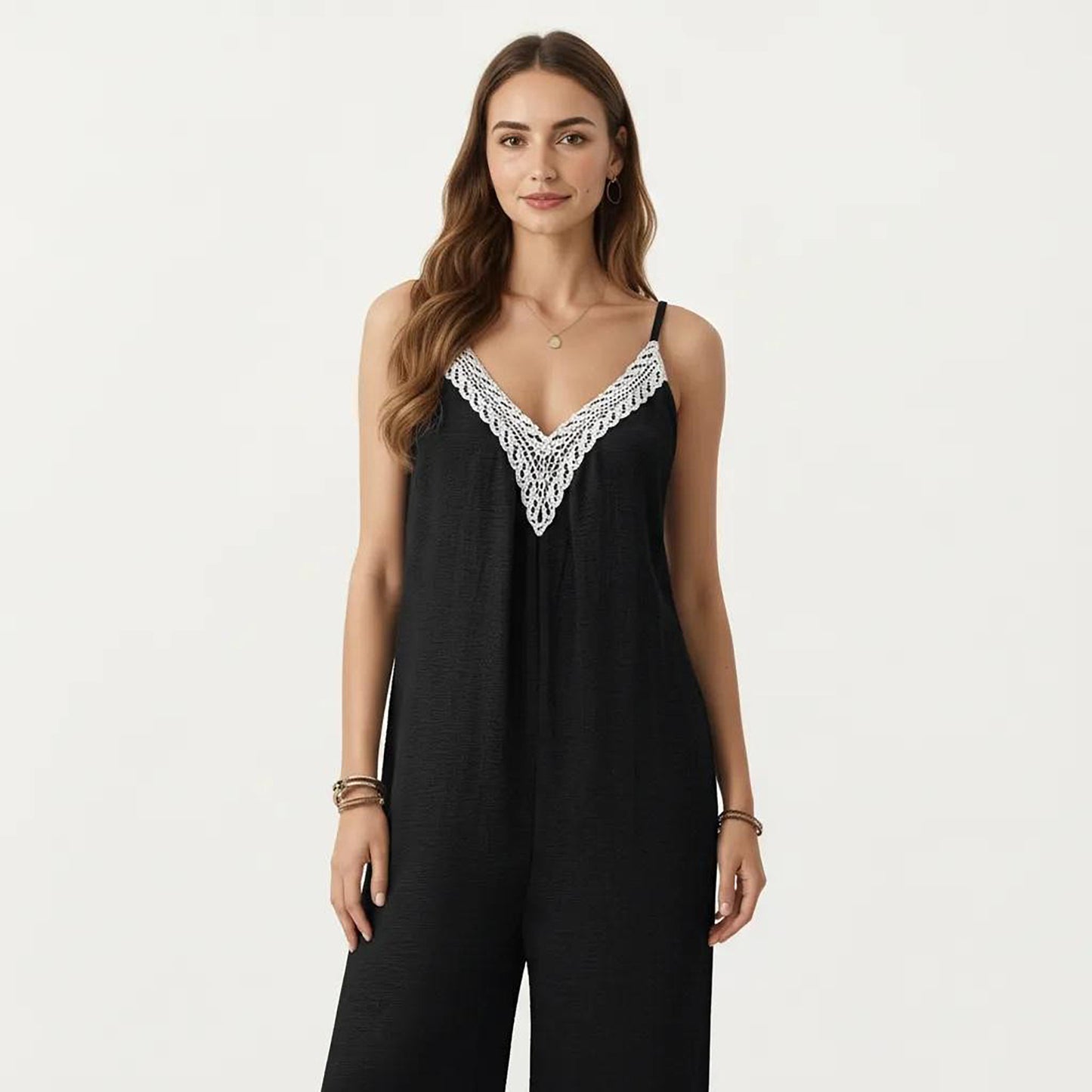 Sleeveless Wide Leg Jumpsuit with Lace Trim V Neck Adjustable Straps and Side Pockets