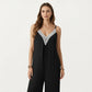 Sleeveless Wide Leg Jumpsuit with Lace Trim V Neck Adjustable Straps and Side Pockets