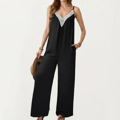 Sleeveless Wide Leg Jumpsuit with Lace Trim V Neck Adjustable Straps and Side Pockets