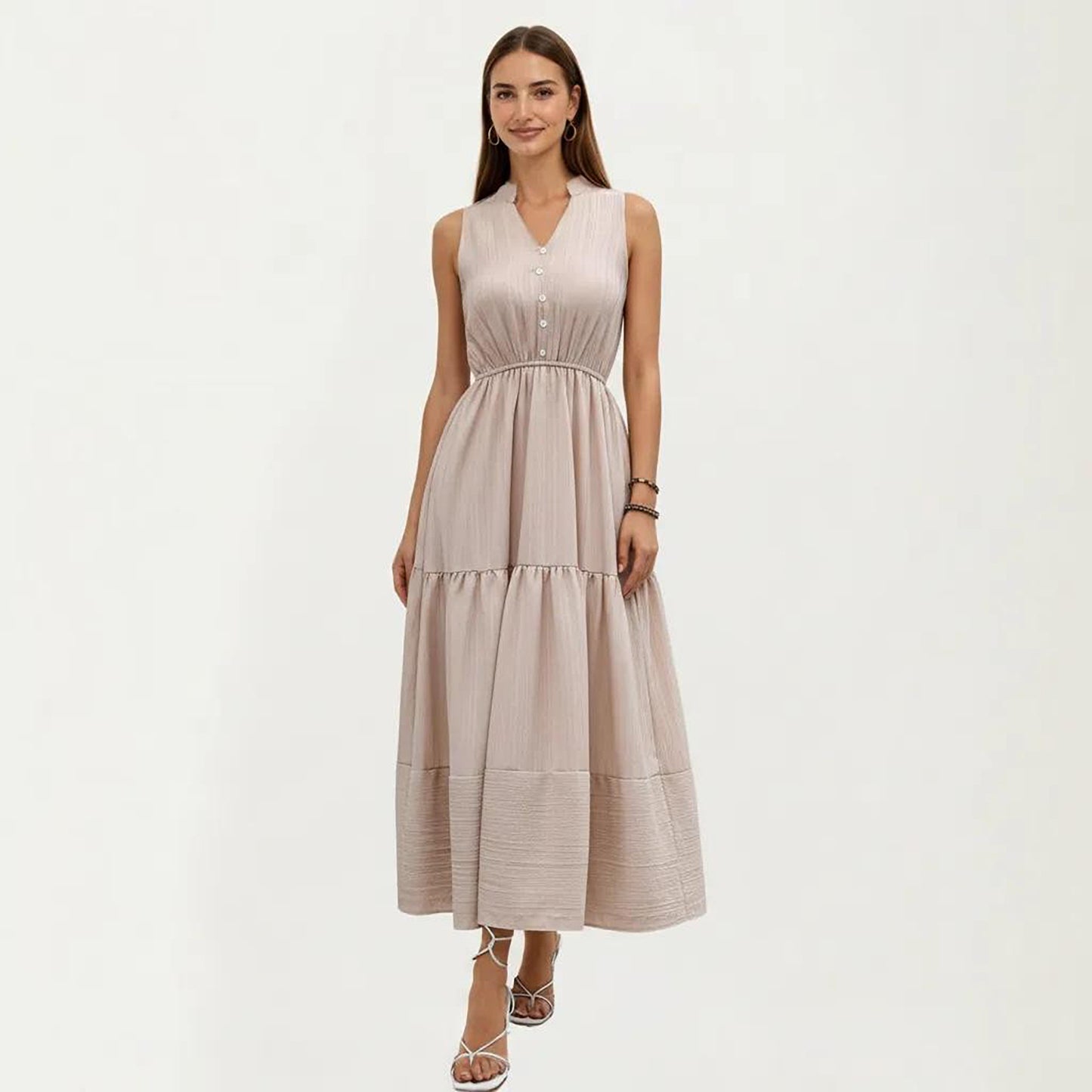 Sleeveless Tiered Maxi Dress with Button Front V Neck and Elastic Waist