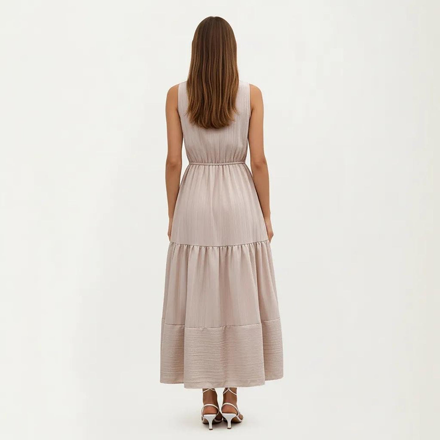Sleeveless Tiered Maxi Dress with Button Front V Neck and Elastic Waist