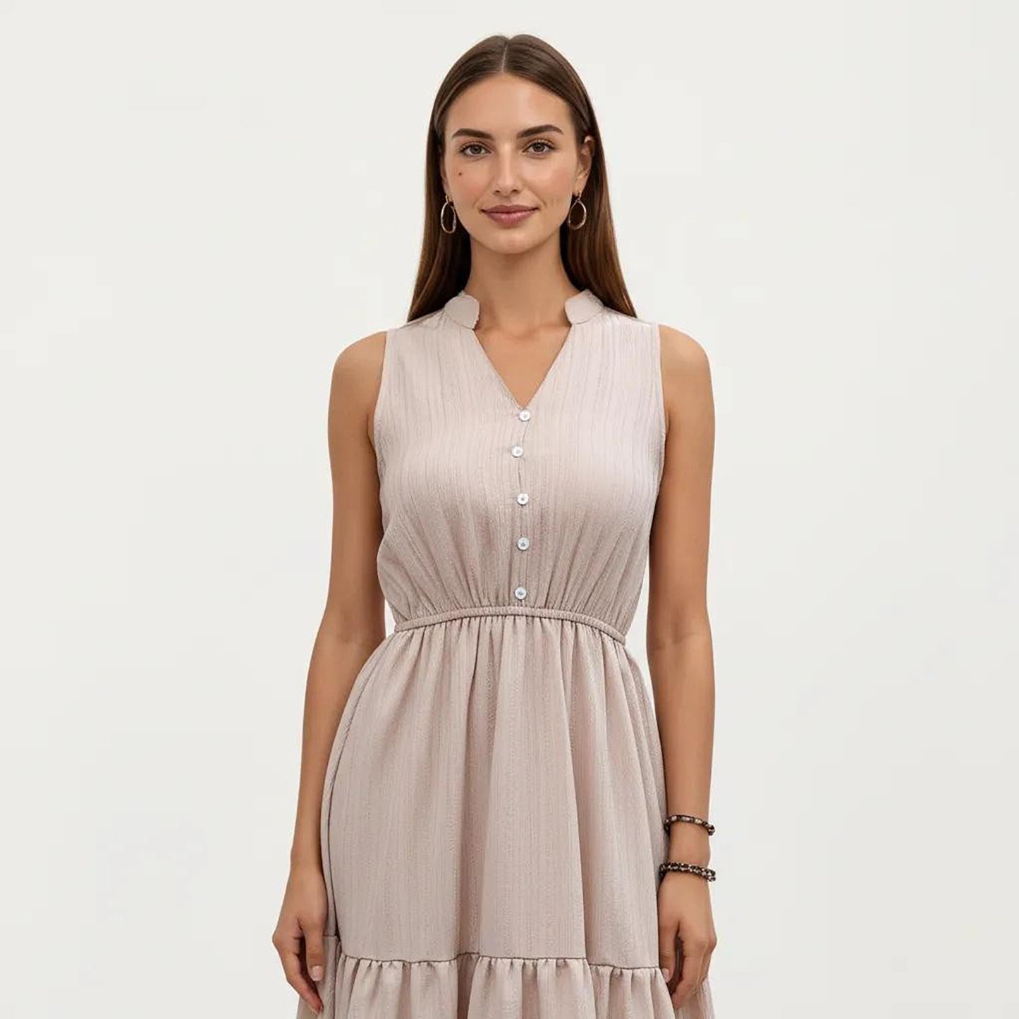 Sleeveless Tiered Maxi Dress with Button Front V Neck and Elastic Waist
