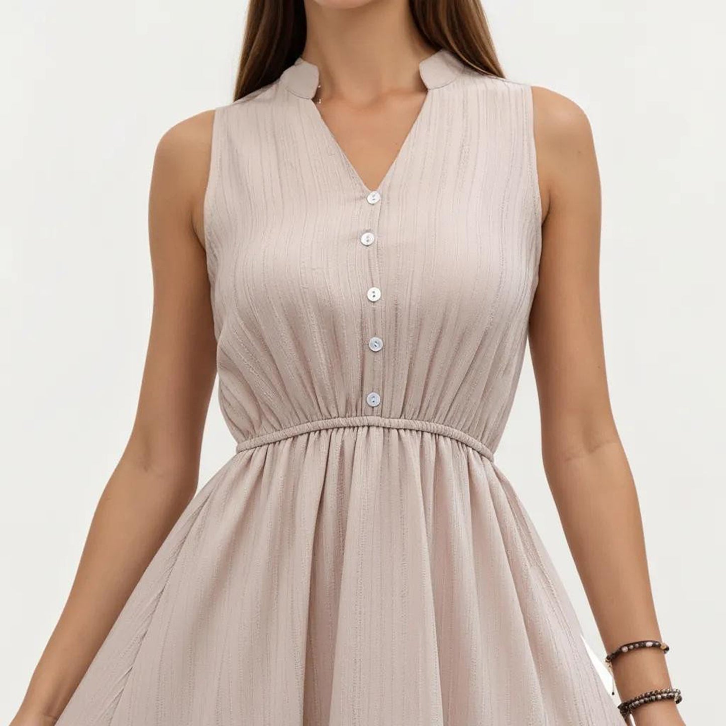 Sleeveless Tiered Maxi Dress with Button Front V Neck and Elastic Waist