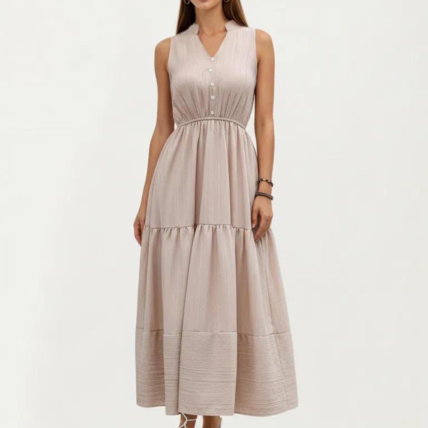 Sleeveless Tiered Maxi Dress with Button Front V Neck and Elastic Waist