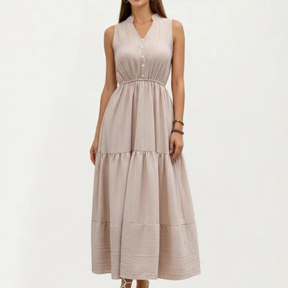 Sleeveless Tiered Maxi Dress with Button Front V Neck and Elastic Waist